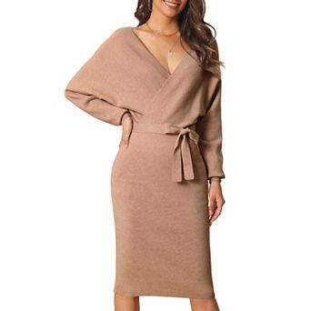 Women's Deep V Neck Wrap Lantern Sleeve Belted Mini Sweater Dress