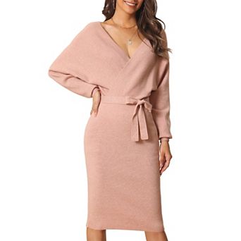 Women's Deep V Neck Wrap Lantern Sleeve Belted Mini Sweater Dress