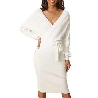 Women's Deep V Neck Wrap Lantern Sleeve Belted Mini Sweater Dress
