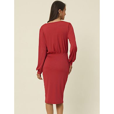 Women's Ruched Side Slit Lantern Sleeve Slim Fit Ribbed Knit Bodycon Midi Dress