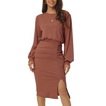 Women's Ruched Side Slit Lantern Sleeve Slim Fit Ribbed Knit Bodycon Midi Dress