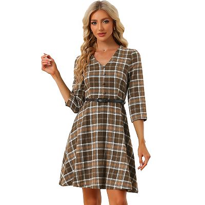 Vintage Plaid Dress For Women's V Neck 3/4 Sleeves Belted A-line Dresses