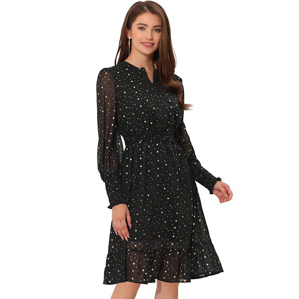 Metallic Star Dress for Women's V Neck Button Up Smocked Chiffon Dresses