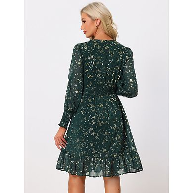 Metallic Star Dress For Women's V Neck Button Up Smocked Chiffon Dresses