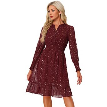 Metallic Star Dress For Women's V Neck Button Up Smocked Chiffon Dresses