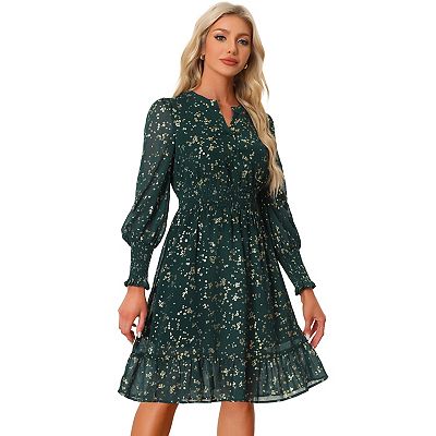 Metallic Star V Neck Button Up Smocked Chiffon Dress, Dark Green-Floral / XL