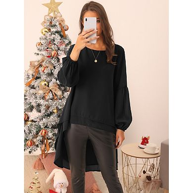 Women's Lantern Long Sleeve Round Neck High Low Asymmetrical Irregular Hem Casual Blouse Tops