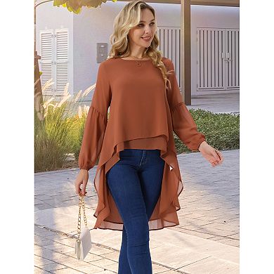 Women's Lantern Long Sleeve Round Neck High Low Asymmetrical Irregular Hem Casual Blouse Tops