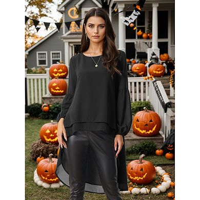 Women's Lantern Long Sleeve Round Neck Asymmetrical Irregular Hem Casual Blouse Tops
