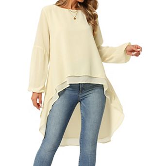 Women's Lantern Long Sleeve Round Neck Asymmetrical Irregular Hem Casual Blouse Tops