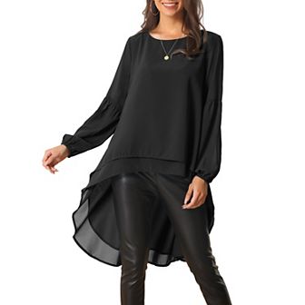 Women's Lantern Long Sleeve Round Neck Asymmetrical Irregular Hem Casual Blouse Tops