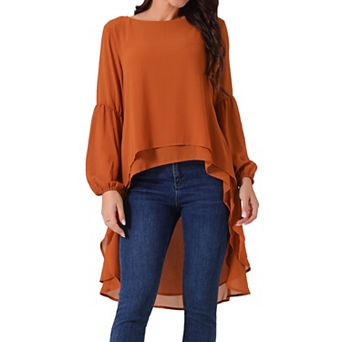 Women's Lantern Long Sleeve Round Neck Asymmetrical Irregular Hem Casual Blouse Tops