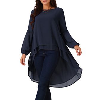 Women's Lantern Long Sleeve Round Neck Asymmetrical Irregular Hem Casual Blouse Tops