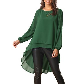 Women's Lantern Long Sleeve Round Neck Asymmetrical Irregular Hem Casual Blouse Tops