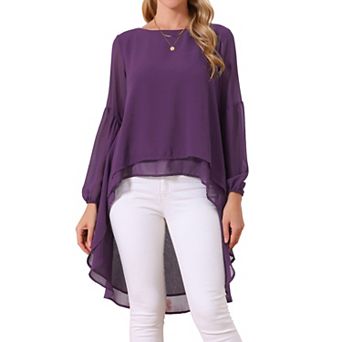 Women's Lantern Long Sleeve Round Neck Asymmetrical Irregular Hem Casual Blouse Tops
