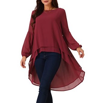 Women's Lantern Long Sleeve Round Neck Asymmetrical Irregular Hem Casual Blouse Tops
