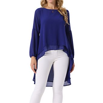 Women's Lantern Long Sleeve Round Neck Asymmetrical Irregular Hem Casual Blouse Tops