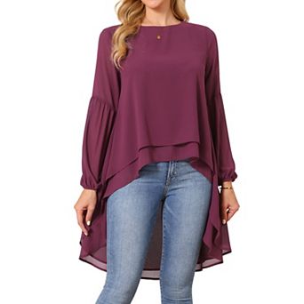 Women's Lantern Long Sleeve Round Neck Asymmetrical Irregular Hem Casual Blouse Tops