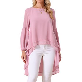 Women's Lantern Long Sleeve Round Neck Asymmetrical Irregular Hem Casual Blouse Tops