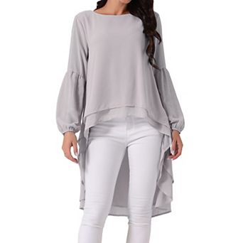 Women's Lantern Long Sleeve Round Neck Asymmetrical Irregular Hem Casual Blouse Tops