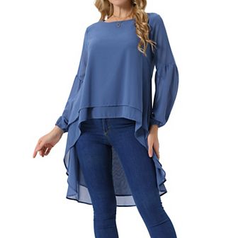 Women's Lantern Long Sleeve Round Neck Asymmetrical Irregular Hem Casual Blouse Tops