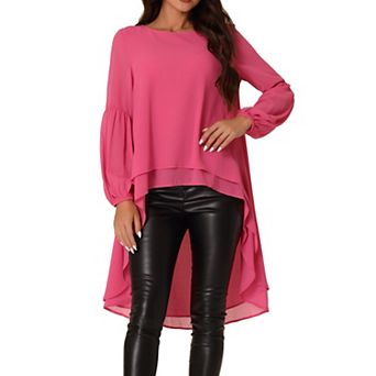 Women's Lantern Long Sleeve Round Neck Asymmetrical Irregular Hem Casual Blouse Tops