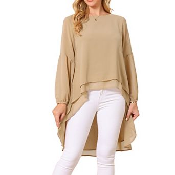 Women's Lantern Long Sleeve Round Neck Asymmetrical Irregular Hem Casual Blouse Tops