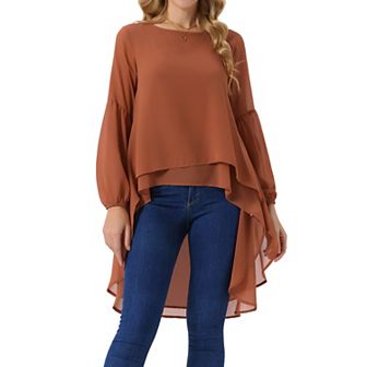 Women's Lantern Long Sleeve Round Neck Asymmetrical Irregular Hem Casual Blouse Tops