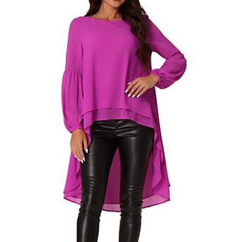 Women's Lantern Long Sleeve Round Neck Asymmetrical Irregular Hem Casual Blouse Tops