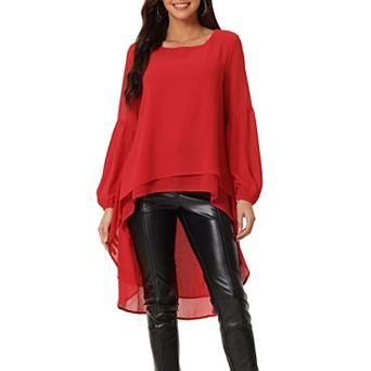 Women's Lantern Long Sleeve Round Neck Asymmetrical Irregular Hem Casual Blouse Tops