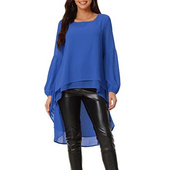 Women's Lantern Long Sleeve Round Neck Asymmetrical Irregular Hem Casual Blouse Tops