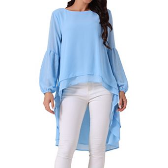 Women's Lantern Long Sleeve Round Neck Asymmetrical Irregular Hem Casual Blouse Tops