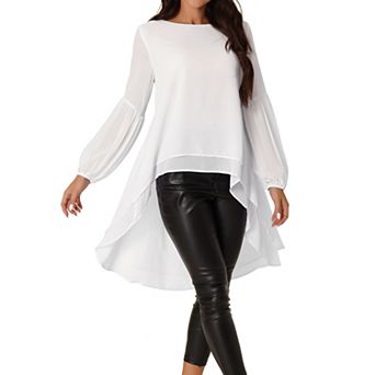 Women's Lantern Long Sleeve Round Neck Asymmetrical Irregular Hem Casual Blouse Tops