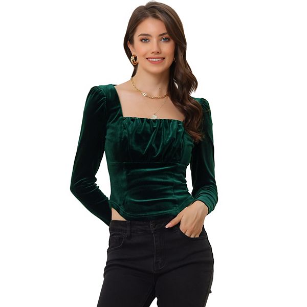 Women's Velvet Long Sleeves Square Neck Cropped Blouse