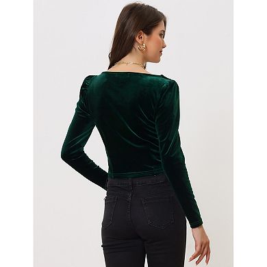 Women's Velvet Long Sleeves Square Neck Cropped Blouse