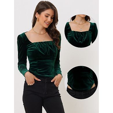 Women's Velvet Long Sleeves Square Neck Cropped Blouse