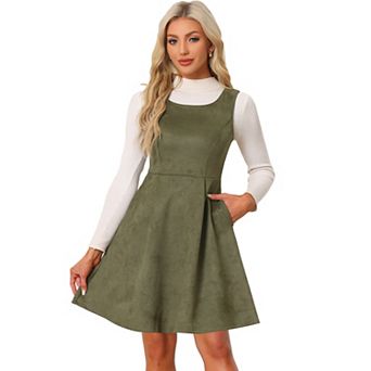 Faux Suede Overall Dress for Women's Round Neck Sleeveless A-Line Pleated Dresses