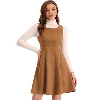 Faux Suede Overall Dress for Women's Round Neck Sleeveless A-Line Pleated Dresses