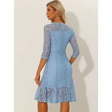 Elegant Lace Dress For Women's 3/4 Sleeves Ruffles Bodycon Fishtail Dress