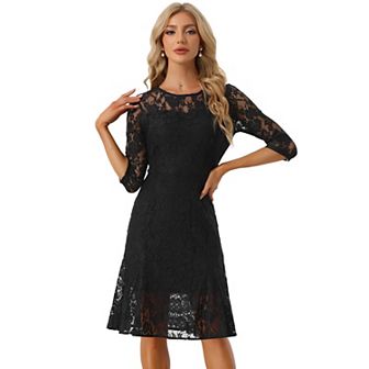 Elegant Lace Dress for Women's 3/4 Sleeves Ruffles Bodycon Fishtail Dress