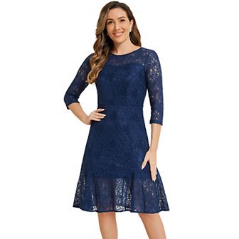 Elegant Lace Dress For Women's 3/4 Sleeves Ruffles Bodycon Fishtail Dress