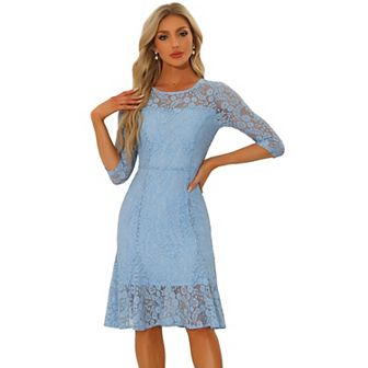 Elegant Lace Dress For Women's 3/4 Sleeves Ruffles Bodycon Fishtail Dress