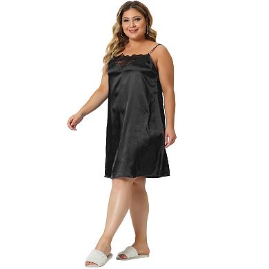 Plus Size Nightgown for Women Spaghetti Strap Adjustable Lace Insert Satin Cami Nightdress