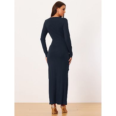 Women's Long Sleeve Maxi Bodycon Dresses V Neck Draped Front Ruched Cocktail Party Dress With Slit