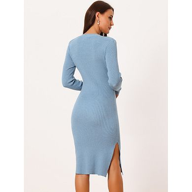 Women's Square Neck Long Sleeve Slim Fit Ribbed Knit Bodycon Midi Sweater Dress