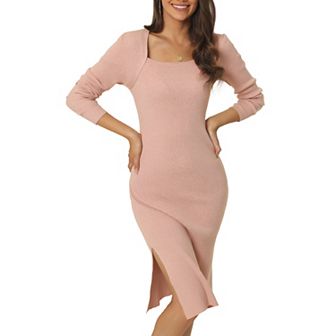 Women's Square Neck Long Sleeve Slim Fit Ribbed Knit Bodycon Midi Sweater Dress