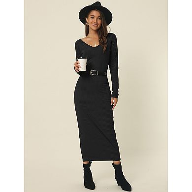 Women's Fall Winter V Neck Long Sleeve Slim Fit Casual Midi Dress