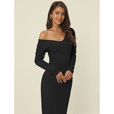 Women's Fall Winter V Neck Long Sleeve Slim Fit Casual Midi Dress
