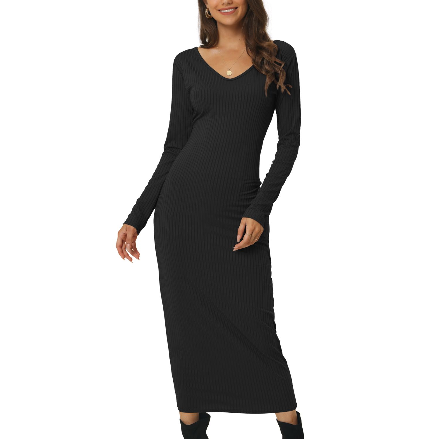 Women's Fall Winter V Neck Long Sleeve Slim Fit Casual Midi Dress