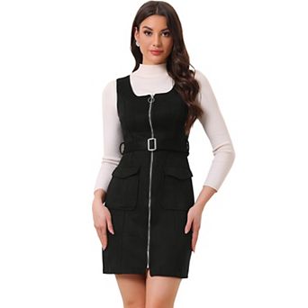 Women's Suede Dress Round Neck Zip Up Belt Waist Overdress